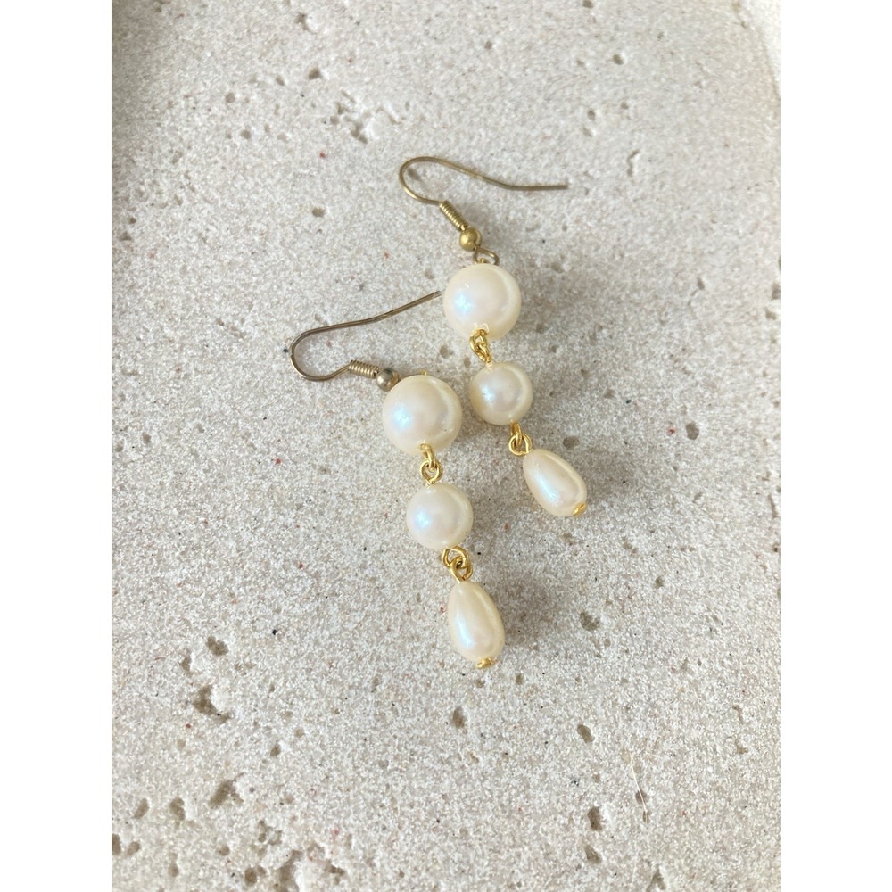 Faux Pearl Dangle Earrings Gold Tone Fishhook Drop Bridal Classic Romantic